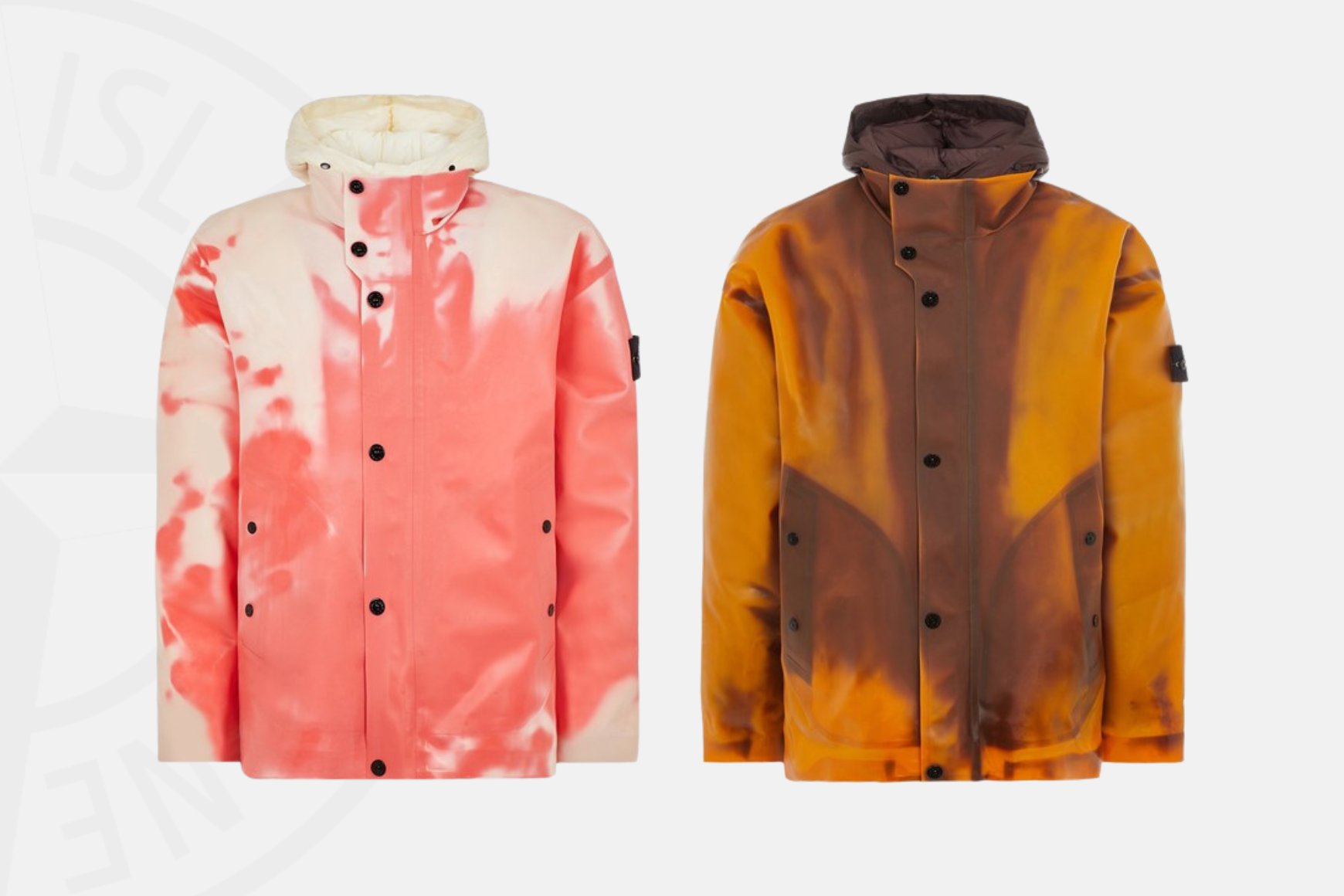 The latest Stone Island Ice Jackets from the AW23 collection. The left jacket is in the pink colourway, whilst the right jacket is in rust and orange.
